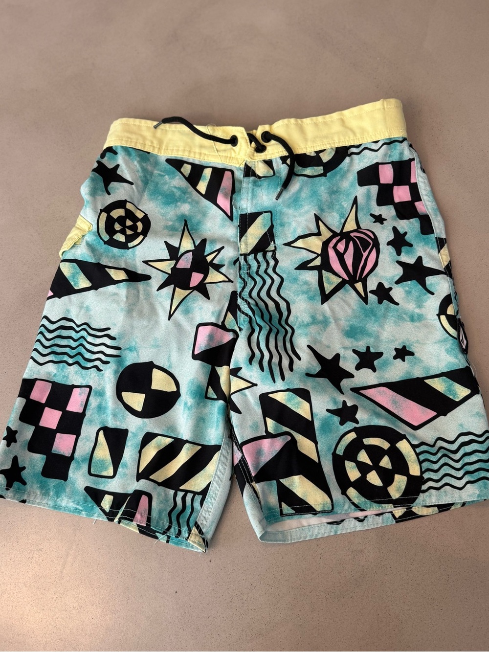 Kids' Volcom Graphic Boarshorts in Teal with Yellow Waistband